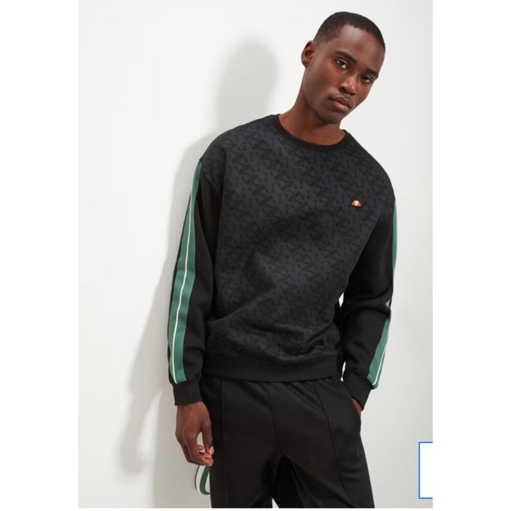 Ellesse Men's Italie Sweatshirt Black Fleece Jersey Logo Striped Loose Fit S